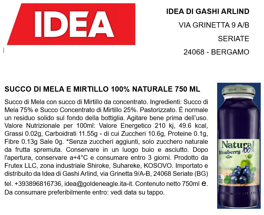 100% Natural Mirtillo 750ml x 6